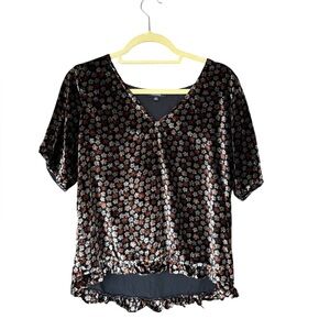 Madewell M Black Floral Velvet Top Ruffle Hem Boho Cottagecore Romantic